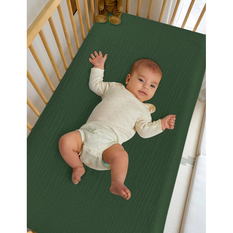 ZURLEFY Dark Green Baby Crib Sheets, Soft Muslin Baby Crib