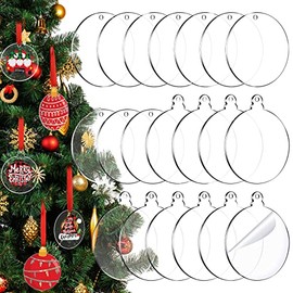 20 Packs Acrylic Blank Ornaments Transparent Acrylic Christmas Ornaments Clear Disc Ornaments with Red Ribbon Clear Acrylic Tags Flat Acrylic Ornaments for Crafts Christmas Tree Party (Star, Ball)