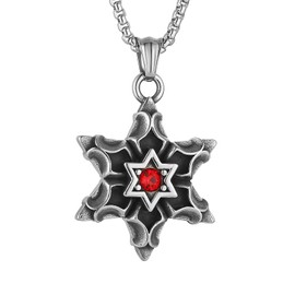 HZMAN Hexagram Necklace for Men Stainless Steel Gothic Punk Red Crystal Inlay Star of David Pendant Jewelry Gift