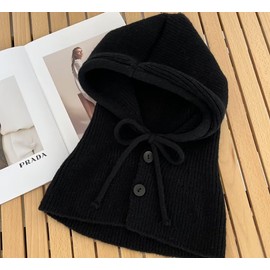 Eukkis Knit Balaclava, Loose, Large Hood, Unisex, Adjustable Ribbon Button, Knit Hat, Neck Warmer, Snood, Scarf, Hat, Cap, Cute, Bicycle, Work Commute, Outings, Autumn and Winter, Cold Retention,