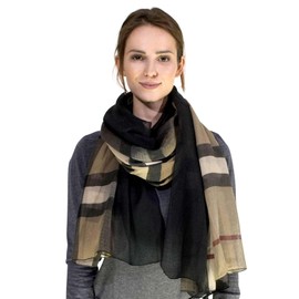 Basic Sense Luxurious Reversable Traditional Ombre Giant Tartan Checked Oversized Lightweight Shawl Scarf, Beige
