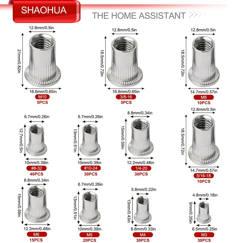 SHAOHUA 225PCS Rivet Nut Kit Rivnuts #8-32#10-24 1/4’’-20 5/16’’-18 3/8’’-16