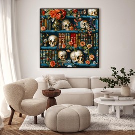 Paint by Numbers Adult Kit, Bookshelf Adult Paint by Number Kits on Canvas, Skull DIY Acrylic Oil peinture a numero adulte, Perfect for Home Decor Gift 16x16 Inch