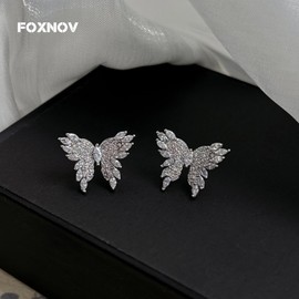 FOXNOV Silver Earrings for Women 925 sterling silver Post Hypoallergenic Cute Fashion 14K Real Gold Plated Lightweight Cubic Zirconia Stud Earrings, Crystal Butterfly, Cartilage Earrings for Women Trendy