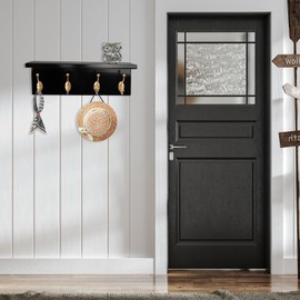 SANY DAYO HOME Wall Mounted Pine Wood Coat Rack with Shelf and 4 Heavy Duty Two-Prong Hooks for Entryway, Kitchen, Bathroom, Bedroom, Laundry (Black and Gold, 16 x 5 x 4 inches)