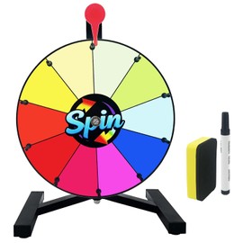 12 Inch Prize Wheel, 12 Slots Color Wheel of Fortune with Stand, Wall-Mountable Spinning Wheel for Prizes with Dry Erase Marker and Eraser, Trade Shows, Carnivals and Home Fortune Games