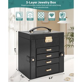 AKOZLIN 5-Tier Jewelry Box Leather Jewelry Storage Organizer with 4 Drawers Lockable for Women Girls Ring Necklace Earring Bracelet Watches Holder with Mirror Black