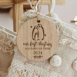 First Christmas as a Family of 3 Wooden Christmas Tree Ornament Decoration Bauble - New Baby Gift Keepsake with Penguins - Baby's 1st Christmas 2024 (Family of 3)