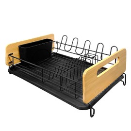 JS Gourmet Dish Drying Rack with Cutlery Holder and Drip Tray, Rust-Resistant Powder Coated Iron Wire Dish Drainer with Bamboo Sides for Organizing Kitchen Counter, Dishes and Utensils