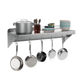 Garvee 12 in x24 in Stainless Steel Shelf, Multifunctional Metal Wall Mounted Shelf with 2 Stainless Steel Backsplashs and 6 Hooks