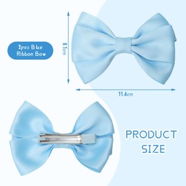 Auiremrti Pack of 2 Hair Bows for Women, 9 cm Thick Ribbon Boutique Crocodile Clips, Handmade Blue Bows, Hair Accessories for Older Children, Boys Girls