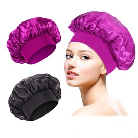 Pack of 2 Silk Bonnet for Sleeping, Satin Bonnet for Curls, Silk Sleep Cap Women, Soft Night Cap, Elegant Sleep Cap, Silk Sleep Cap, Adjustable Night Cap, Hair Protection with Elastic Band (Black, Purple)