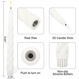 AFINETH Flameless Taper Candles with 3D Wick, 9.6" Real Wax LED Candles with Remote and Timer, 3 Pack Flickering Candlesticks Battery Operated, Spiral Taper Candle for Home, Wedding, Party, White