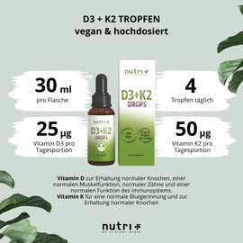D3 K2 Drops High Dose + Vegan - Vitamin D and K2Vital MK7 All Trans Menachinone Drops - Liquid + Pure Vegetable - Nutri-Plus D3K2 liposomal - Produced in Germany