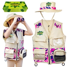 Safari Kidz Outdoor Explorer Kit - Pink Camouflage Cargo Vest and Hat Set, Backyard Nature Adventures, Washable Costume, Age 3+