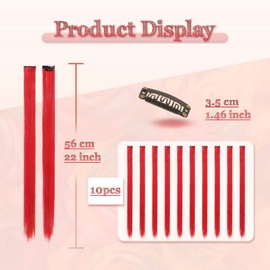 Sofeiyan Colored Hair Extensions Straight Hairpiece 22 Inch 10 Pcs Colorful Clip in Hair Extensions Synthetic Colored Party Highlights for Women Kids Girls, Red