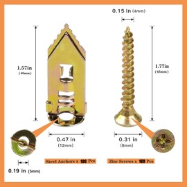200 Pcs Self Drilling Drywall Anchors with Screws, 100 Sheetrock Anchors (0.47x1.57 Inch) & 100 Zinc Expansion Screws, No Drill Or Holes in Wall, for TV, Shelf Straps, Bike, Cabinets
