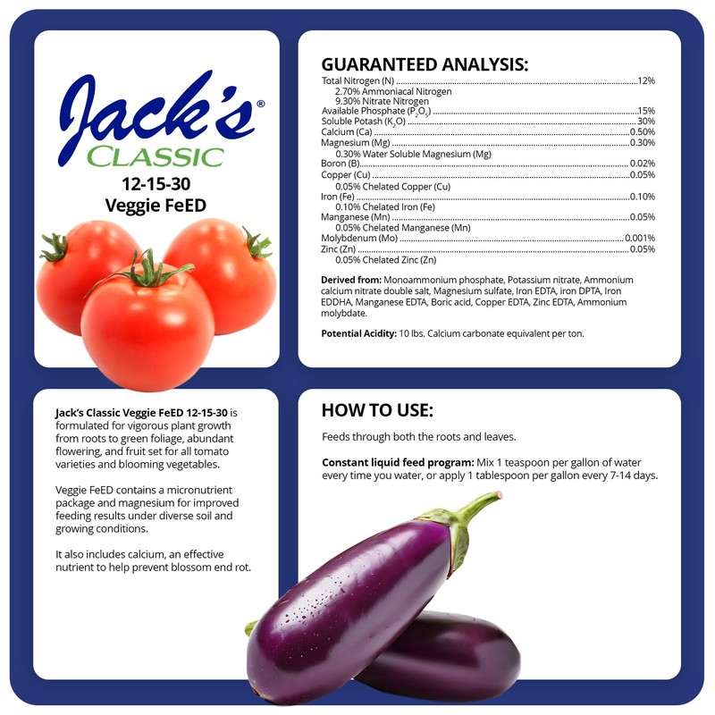 Jack's Classic 12-15-30 Veggie Feed Water-Soluble Fertilizer with Micronutrients for