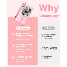 Lecran Digital Camera, FHD 1080P Point and Shoot Kids Camera, with 32GB Card, 2 Batteries, 16X Zoom Anti Shake Date Stamp, Compact Portable Small, for Starter Kid Children Teen Student Girl Boy(Pink)