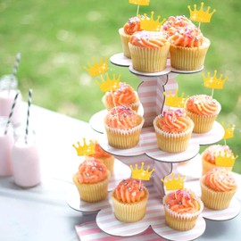 Pack of 24 Crown Cupcake Toppers with Golden Glitter, Princess Crowns Cupcake Picks, Queen Crowns Cupcake Decorations for Princess Party Decorations for Birthday, Baby Shower, Wedding