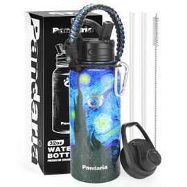 Pandaria Insulated Water Bottle 32oz, Stainless Steel Water Bottle with Straw & Spout Lids & Paracord Handle (Starry Night, 32 Ounces with Paracord Handle)