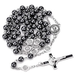 SZQCZB Saint Benedict Hematite Black Rosary Beads Catholic Cross Necklaces for Men and Boy, St.Benedict Center Piece and Crucifix with Saint Benedict Miraculous Gift Box and 18pcs Prayer Cards
