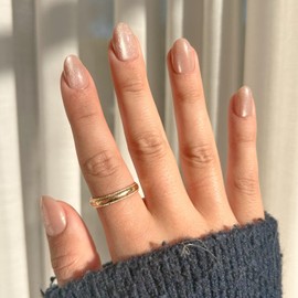 NKA Press on Nails Kit, 30 Premium Quality Reusable Acrylic Fake False Gel Short Oval Cateye Shimmer Nude Press on Nail -Dreamer