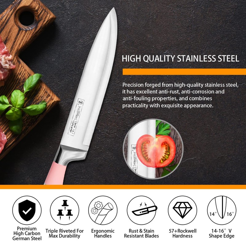 Kitchen Knife Set, Retrosohoo 9-Pieces Pink Sharp Non-Stick Coated Chef