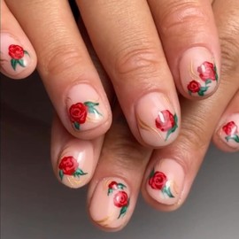 Valentine's Day Press on Nails Short Length Square Red Rose Flower False Nails with Design French Fake Nails Artificial Acrylic Nails Full Cover Glossy Coffin Nails, Glue on Nails for Women 24Pcs