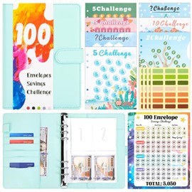 Onlyesh Ring Binder A5, Budget Planner with 100 Days Saving Challenges + Binder Pockets (25 Pieces) + 5 Sheets Label Stickers, Budget Planner for Gift, Cash Stuffing Starter Set