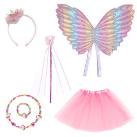 Fairy Wings Kids, 6Pcs Fairy Costume for Girls with Butterfly Wings, Fairy Wand, Pink Tutu, Crown Hair Band, Unicorn Necklace, Bracelet, Fairy Wings and Wand Fancy Dresses for Girls Age 3-6, Pink