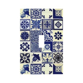 Kitchen Moroccan Colorful Talavera Mexican Tile Single Toggle Light Switch Cover Boho Blue/White Mosaic Tiles Decorative 1-Gang Wall Plate Electrical Single Device Switch Face Wallplate Standard Size