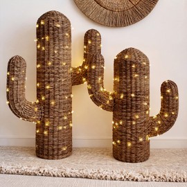 Yookeer 2 Piece Rattan Western Cactus Decor, 15 & 11 Inch Southwestern Desert Cactus Sculptures with LED String Lights, Summer Farmhouse Boho Handwoven Decor for Neutral Home Living Room Bedroom