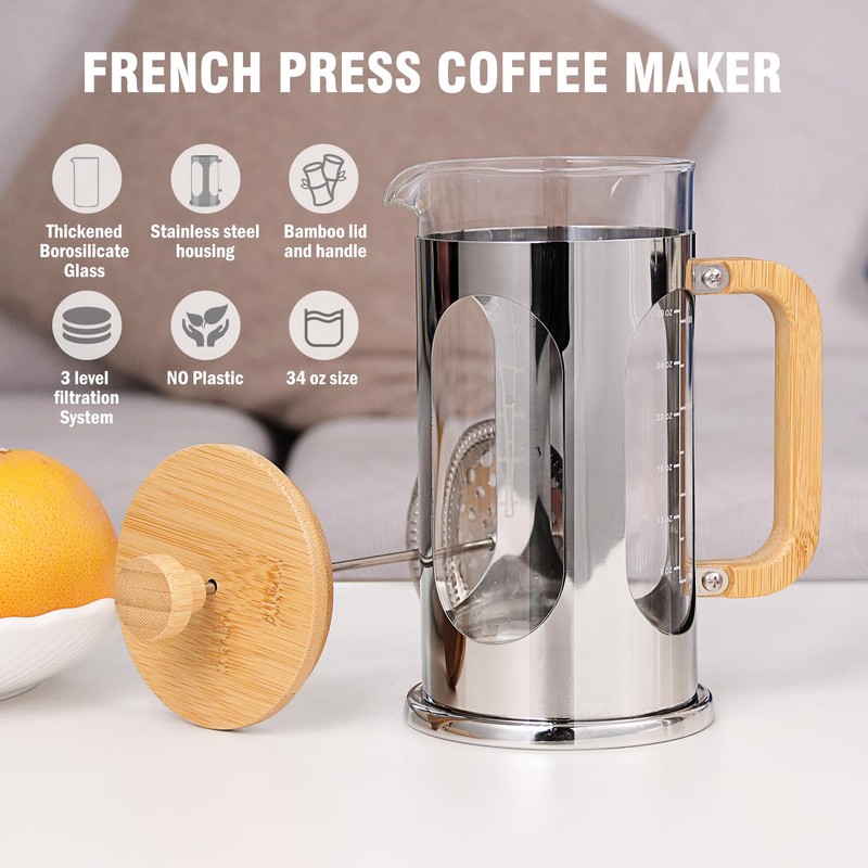 Sivaphe No-Plastic French Press Coffee Maker 34 oz, Borosilicate Glass