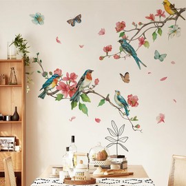Runtoo Wandaufkleber mit Vogelmotiv, Rosa, Blumenmuster, Baumzweig, Wandkunst, Aufkleber, Schlafzimmer, Küche, Wohnzimmer, Kinderzimmer, Dekoration