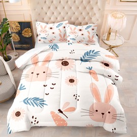 CVHOUSE Kawaii Rabbit Bedding Set for Girls Kids - Cute Full Size Comforter Set, Duvet Set With Rabbit Pattern, 3 Pieces Girls Room Decor