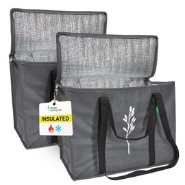 Green Bulldog 2Pack Insulated Grocery Bags – Foldable Reusable Cooler Bags with Handles for Everyday Use, Groceries, Food Delivery, and Shopping – 16”x9”x13”, Gray