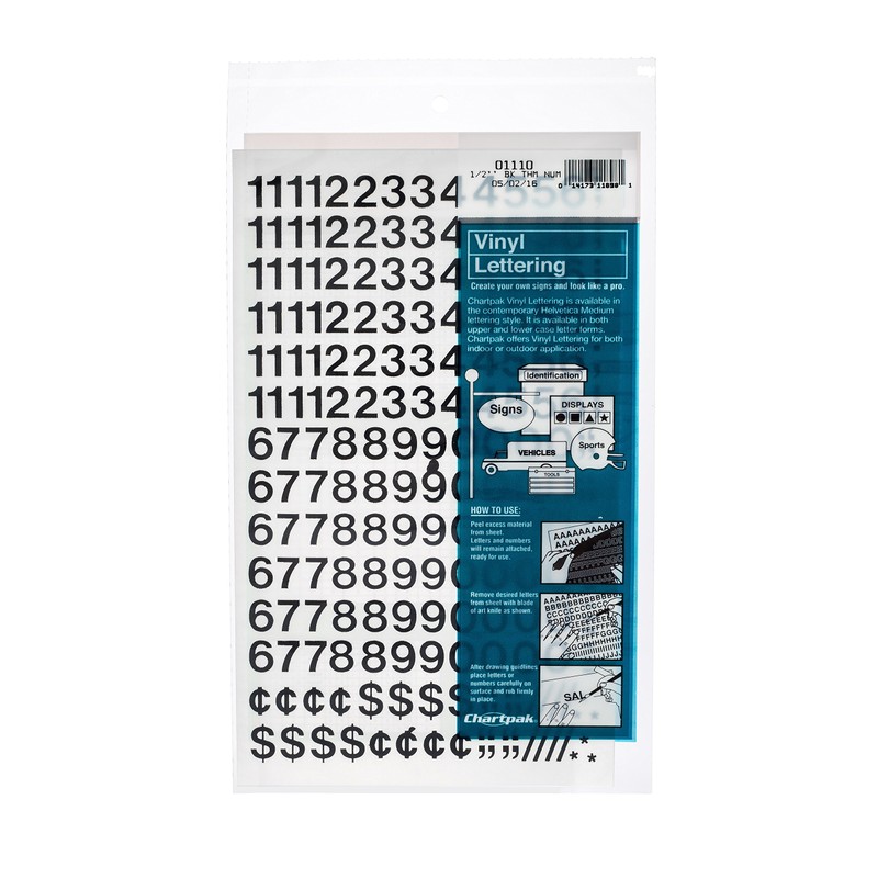 Chartpak Self-Adhesive Vinyl Numbers, 1/2 Inch High, Black, 210 per