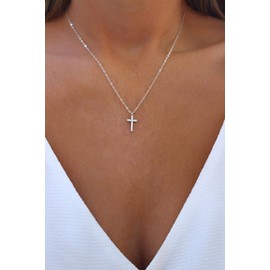 ASCOMY Dainty Silver CZ Cross Pendant Necklaces for Women Simple Sparkly Cubic Zirconia Cross Religious Rhinestone Necklace Set Adjustable Chain Tiny Cute Charm Minimalist Jewelry Gift