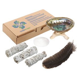 Sage Smudge Kit - White Sage Smudge Sticks ~ Abalone Shell 5-6 in ~ 2 in Tripod Stand ~ 10-12 in Feather and White Sand ~ The Perfect Smudge Kit