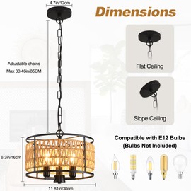 lobolighting Boho Rattan Chandelier, 11.8" 3-Lights Farmhouse Pendant Light with Hand Woven Drum Shade, Modern Black Chandelier for Dining Room Living Room Kitchen Island Bedroom