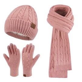 Womens Winter Beanie Hats Long Scarf Touchscreen Gloves Set Warm Knit Skull Caps Gifts for Women
