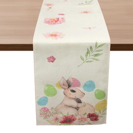 Easter Table Runner, Bunny Rabbit Colorful Eggs Flower Easter Table Runner, Easter Linen Table Runner Cover for Easter Spring Holiday Party Kitchen Dining Table Decorations Home Decor, 13x72 Inch