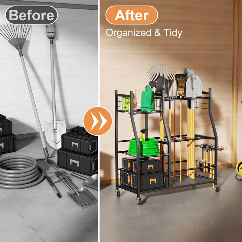 Garden Tool Organizer with Wheels for Garage, Freestanding Garage Tool