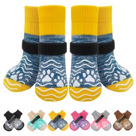 PUPTECK Anti Slip Dog Socks, Shoes with Grippers to Prevent Licking Hardwood Floors Traction, Rubber Boots & Paw Protectors for Small Medium Large Dogs Cold/Hot Pavement, Senior Dogs Booties Blue