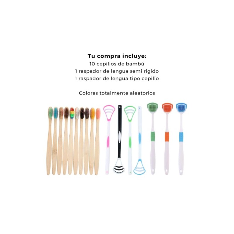 Paquete 10 Cepillos Dientes de Bambú Natural Cerdas Suaves +