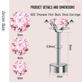 Artskin 3 Pairs Titanium Cubuic Cubic Zirconia Stud Earrings for Women Men CZ Earring Stud Earrings Hypoallergenic Flat Back Earrings Silver Girls Cartilage Earring Set 3 mm - 5 mm, Titanium, Cubic