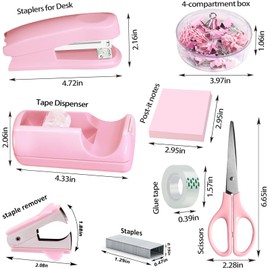 Pink Office Desk Accessories, Desk Drawer Organizer,Stapler and Tape Dispenser Set,Tape Dispenser, Staple Remover, Staples, Clips,Scissor and Sticky Note,Gifts for Women Office Clerks (Pink)