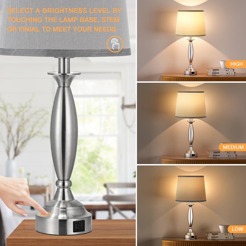 Bedrooms Touch Control Bedside Lamp with USB C+A, 3 Way