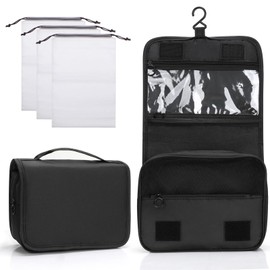 Zivacate Hanging Toiletry Bag, Waterproof Cosmetic Bag, Toiletry Bag with Handle, Women & Men Wash Bag with 3 Drawstring Organiser Bag for Travel, Business, Fitness, Camping - Black